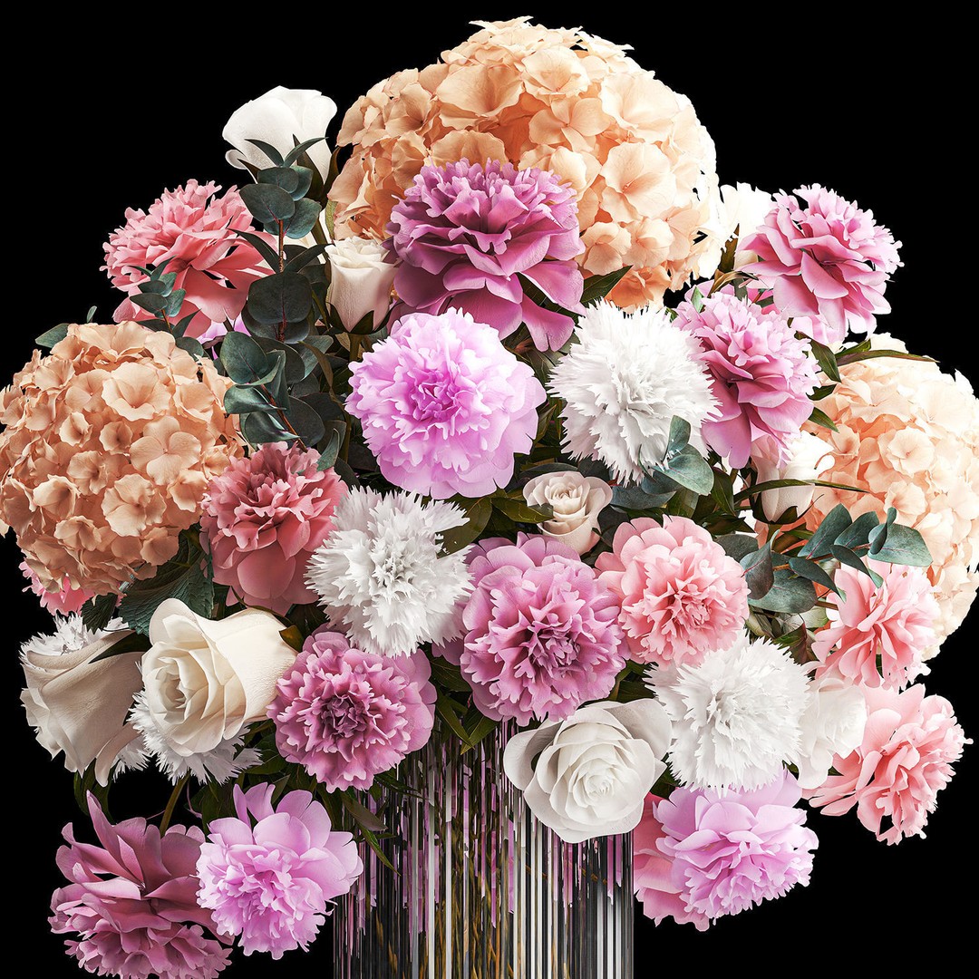 Beautiful Bouquet 3D Model – Modern Glass Vase with Roses and Peonies - View 14