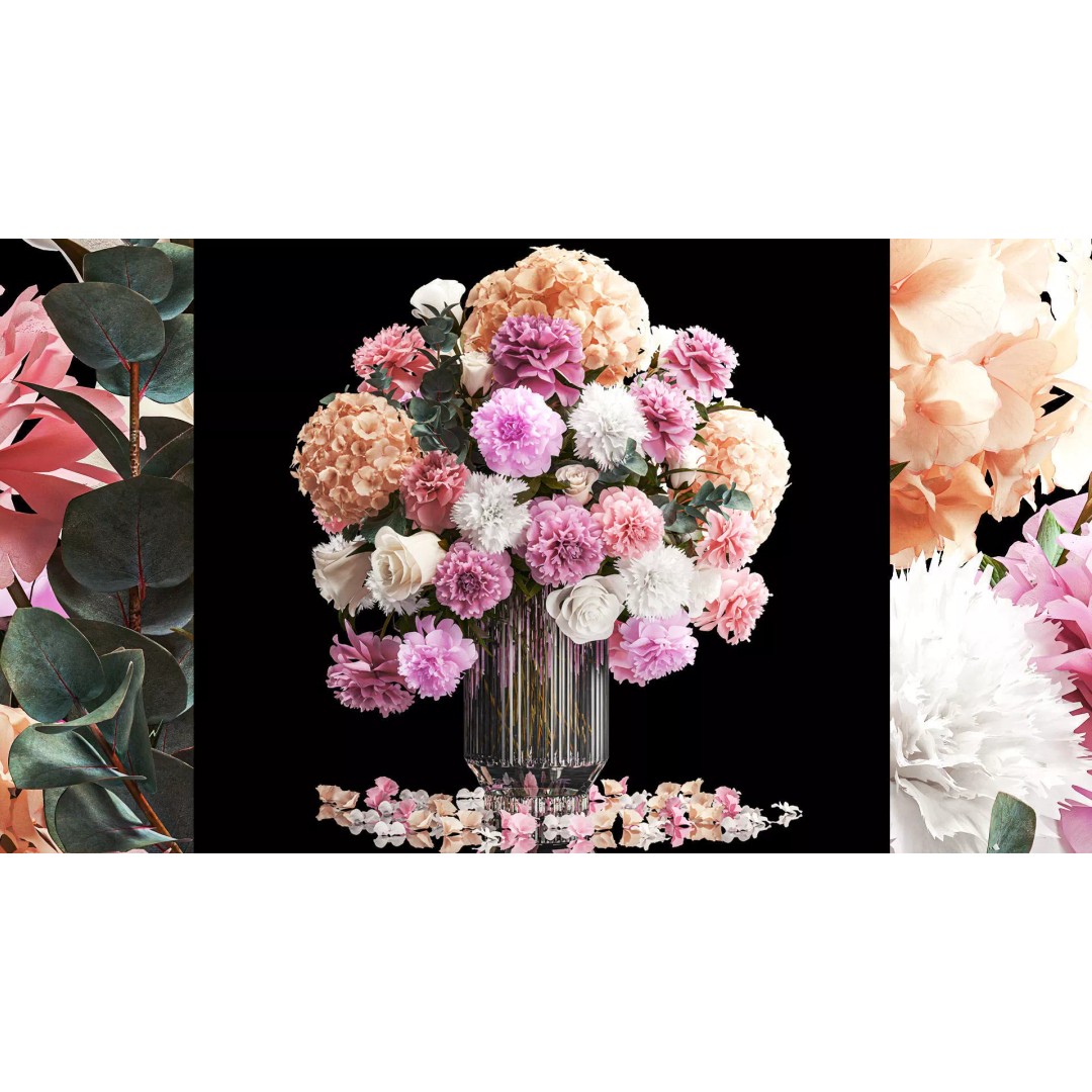 Beautiful Bouquet 3D Model – Modern Glass Vase with Roses and Peonies - View 2