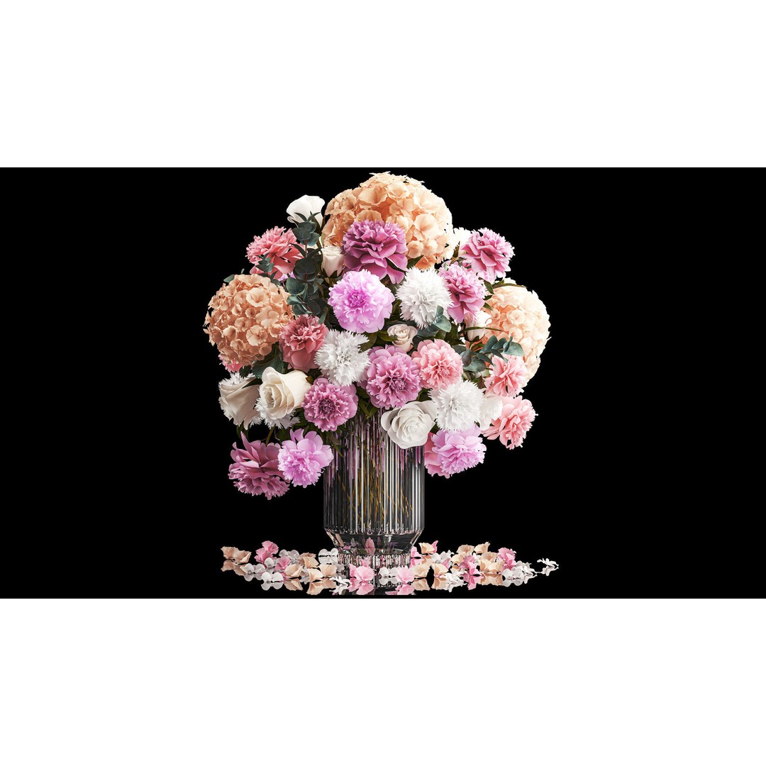 Beautiful Bouquet 3D Model – Modern Glass Vase with Roses and Peonies - View 3