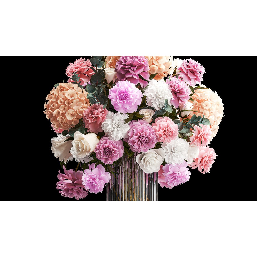 Beautiful Bouquet 3D Model – Modern Glass Vase with Roses and Peonies - View 4