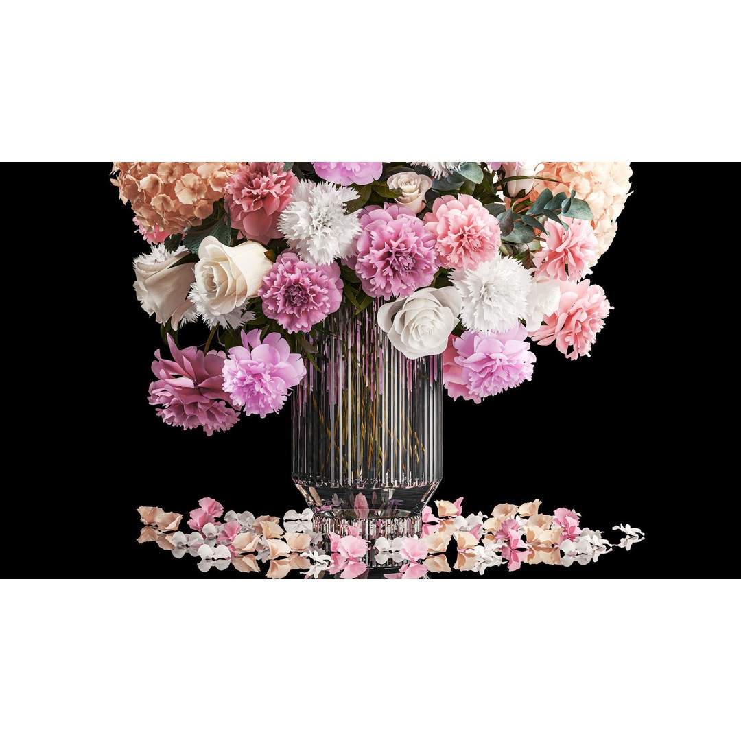 Beautiful Bouquet 3D Model – Modern Glass Vase with Roses and Peonies - View 5