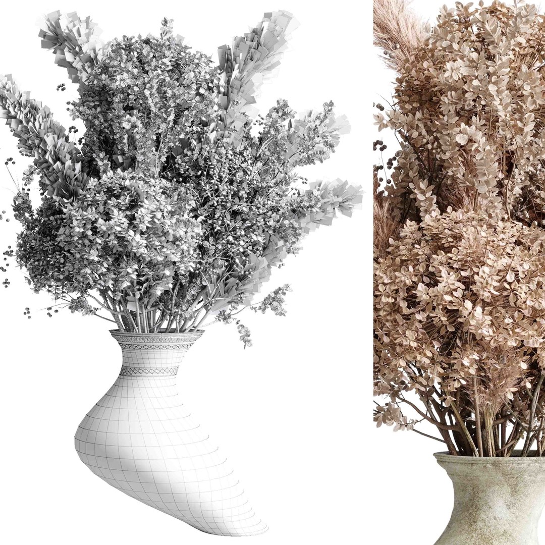 Pampas Dry Flowers 3D Model – Decorative Concrete Vase, PBR Textures