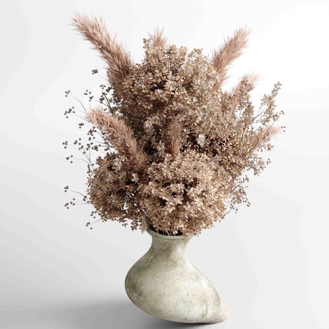 Pampas Dry Flowers 3D Model – Decorative Concrete Vase, PBR Textures - View 4