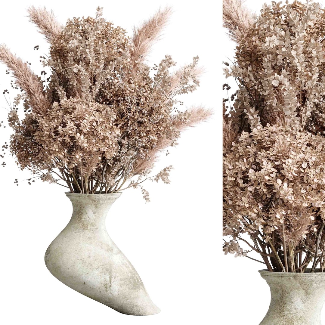 Pampas Dry Flowers 3D Model – Decorative Concrete Vase, PBR Textures - View 7