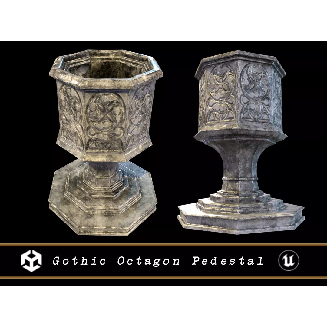 Medieval Gothic Octagon Pedestal 3D Model – Low Poly PBR Asset, FBX/OBJ - View 2