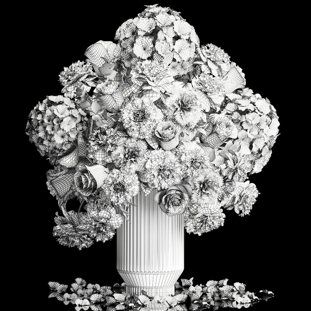 Solemn Bouquet of Pink Flowers 3D Model – Modern Glass Vase, PBR