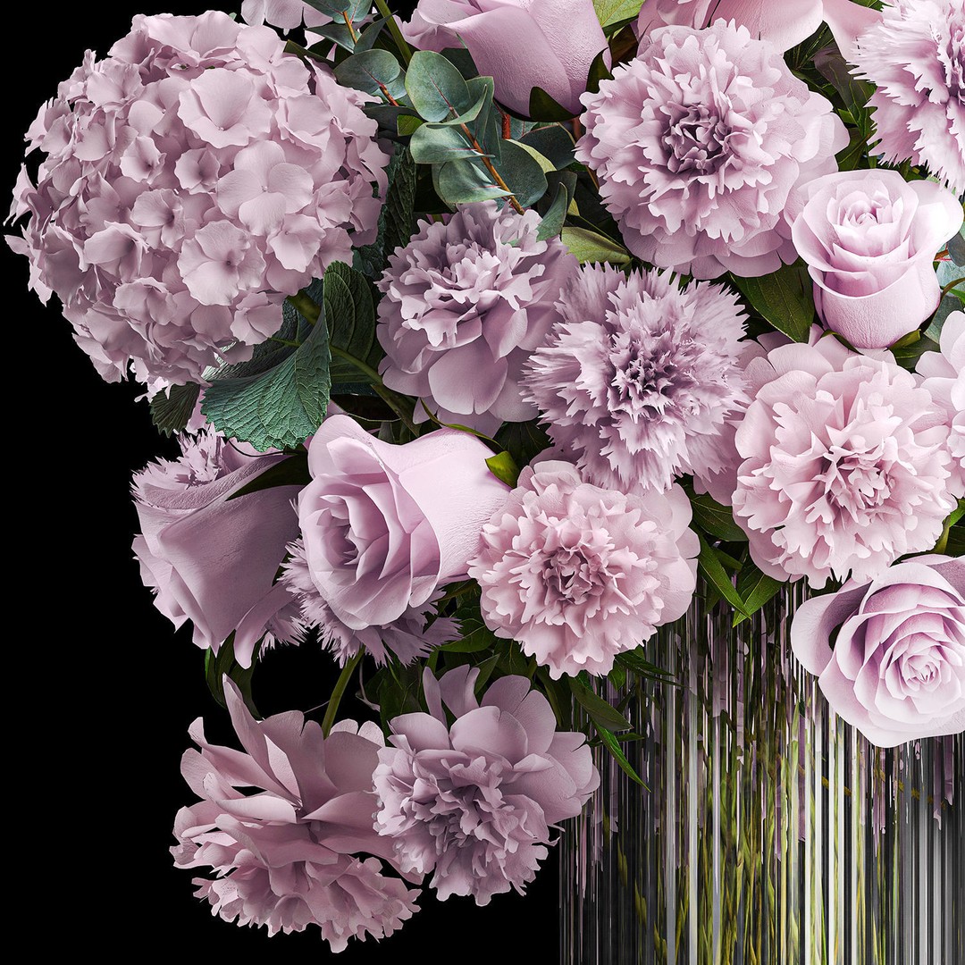 Solemn Bouquet of Pink Flowers 3D Model – Modern Glass Vase, PBR - View 10