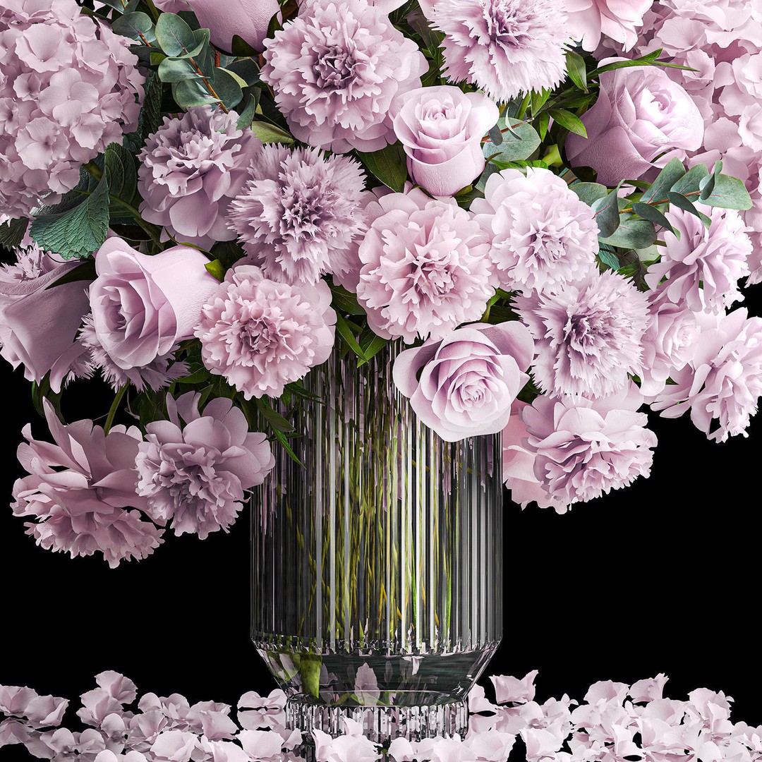Solemn Bouquet of Pink Flowers 3D Model – Modern Glass Vase, PBR - View 12