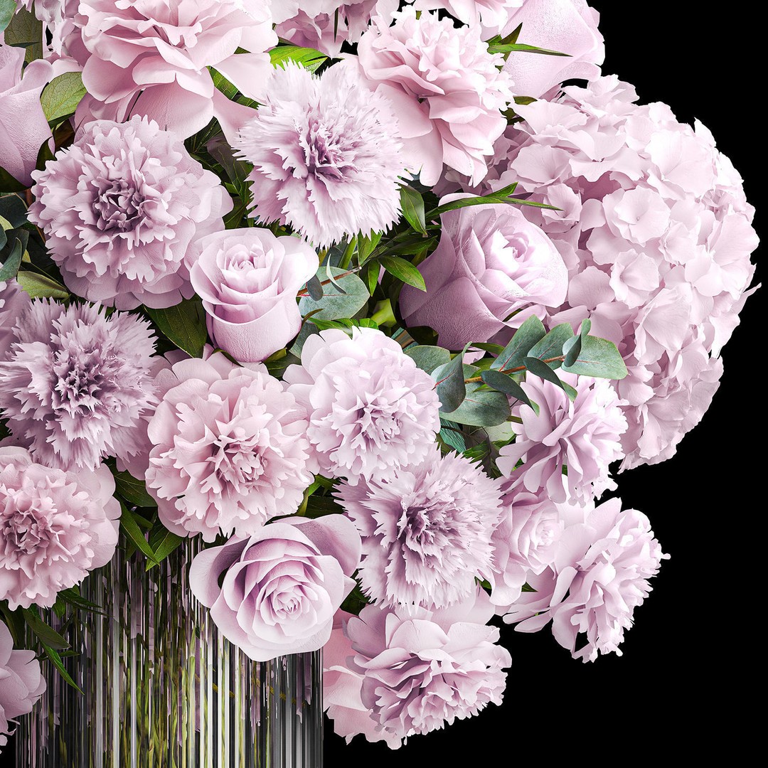 Solemn Bouquet of Pink Flowers 3D Model – Modern Glass Vase, PBR - View 13