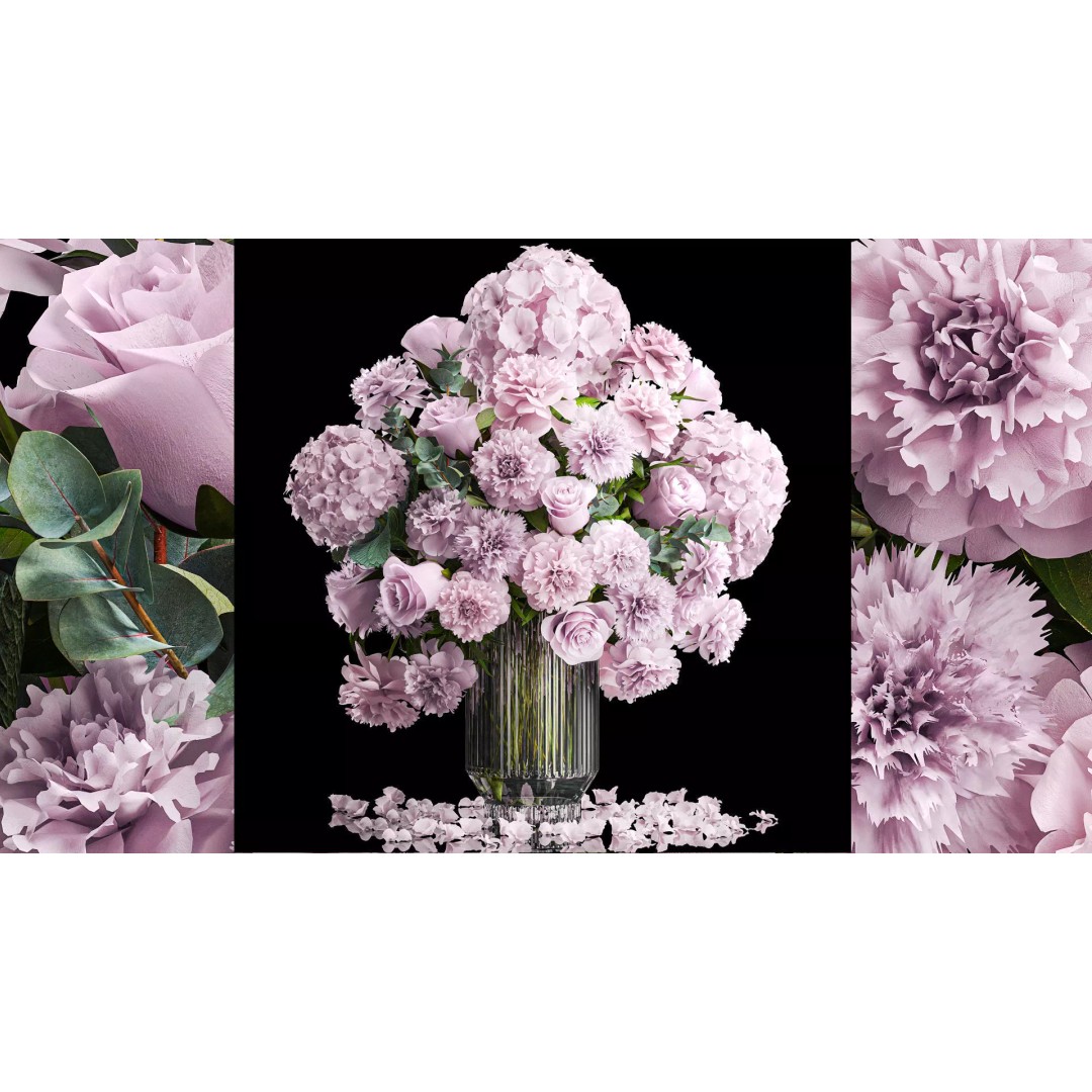 Solemn Bouquet of Pink Flowers 3D Model – Modern Glass Vase, PBR - View 2