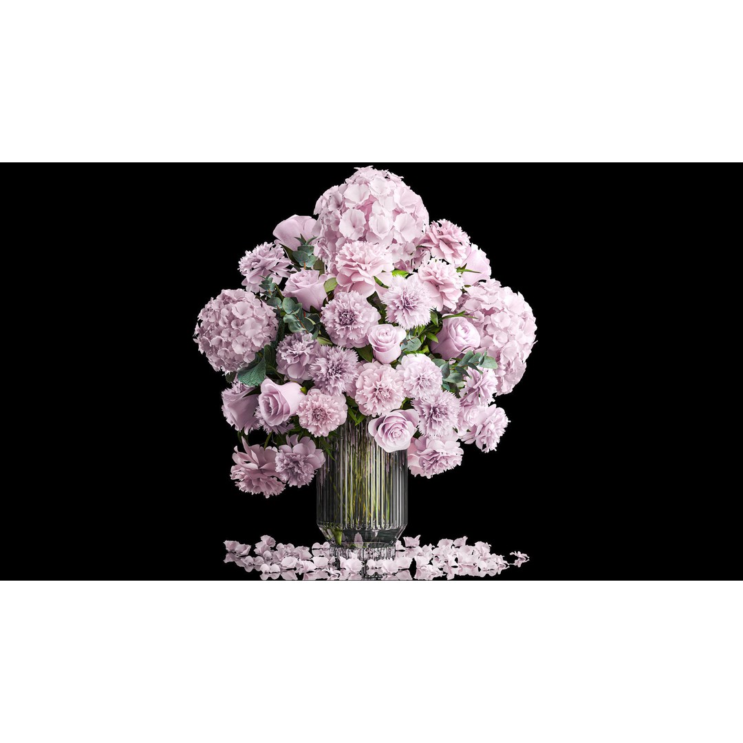 Solemn Bouquet of Pink Flowers 3D Model – Modern Glass Vase, PBR - View 3
