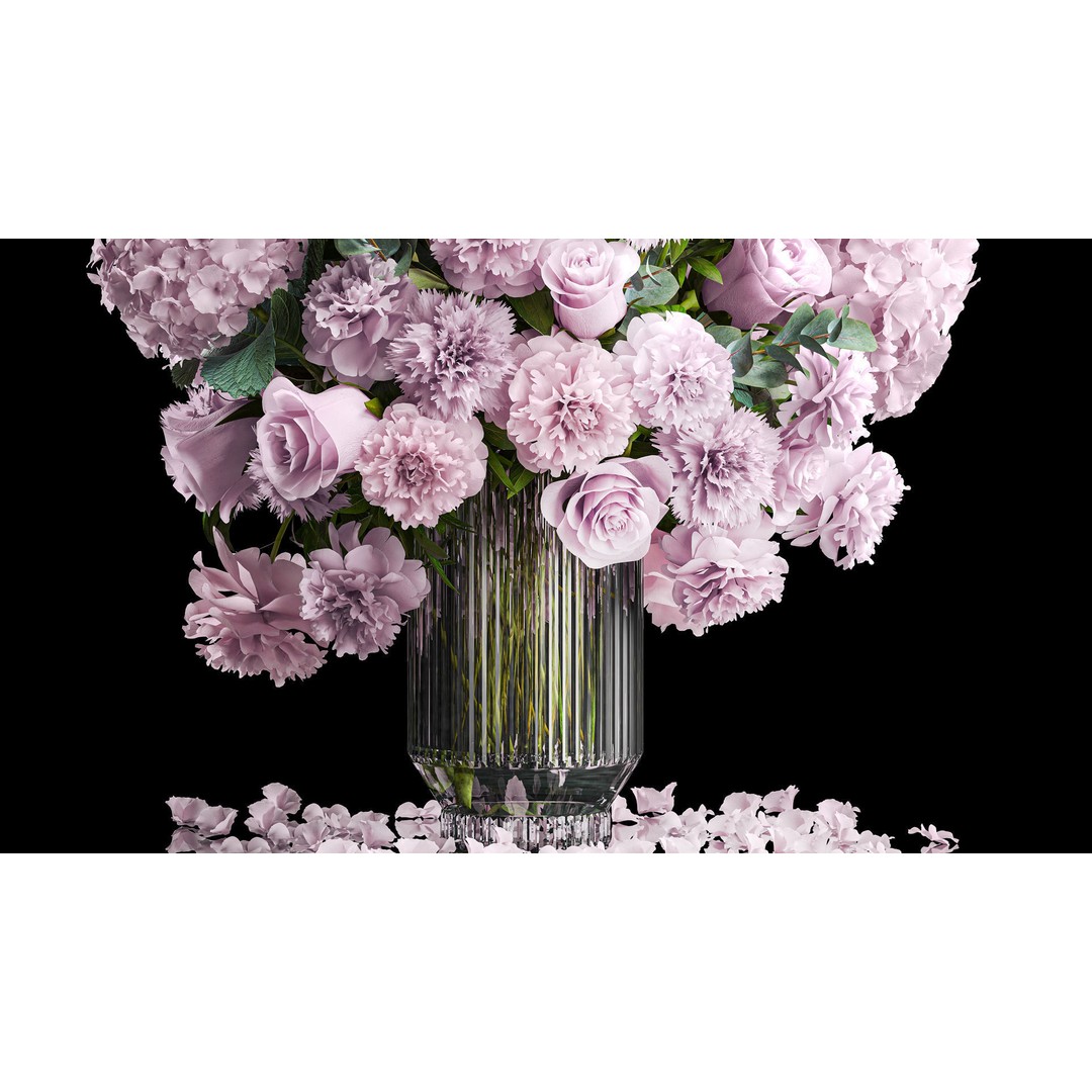 Solemn Bouquet of Pink Flowers 3D Model – Modern Glass Vase, PBR - View 4