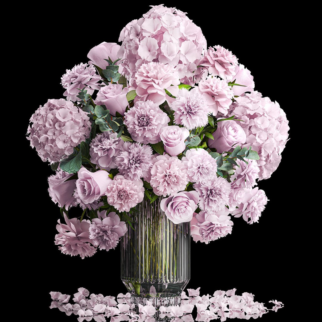 Solemn Bouquet of Pink Flowers 3D Model – Modern Glass Vase, PBR - View 9