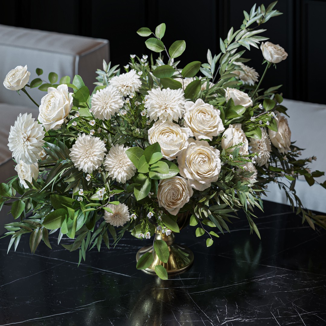 White Rose Dahlia 3D Model – Big Bouquet, FBX, Game Ready - View 3