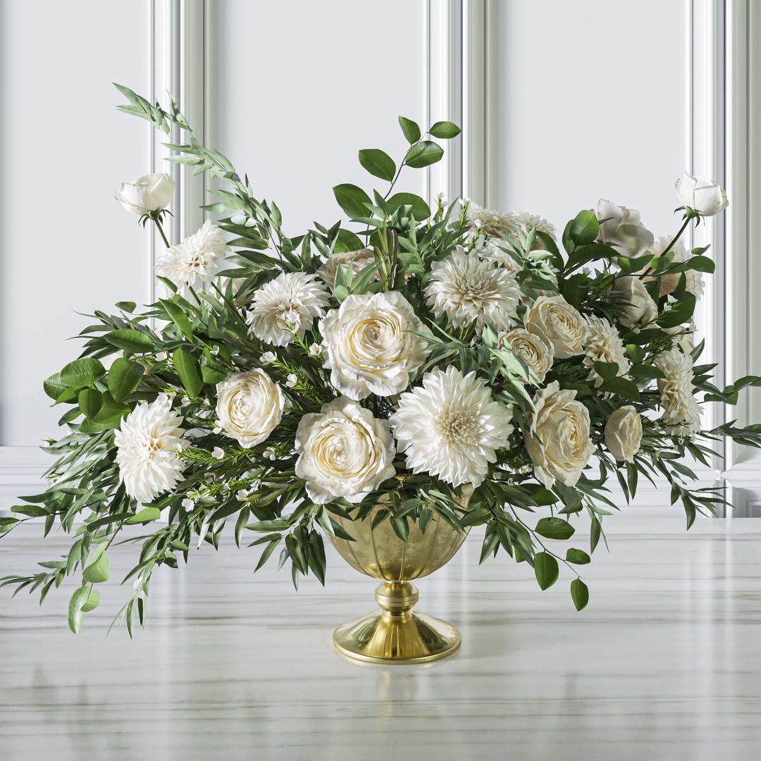 White Rose Dahlia 3D Model – Big Bouquet, FBX, Game Ready - View 4