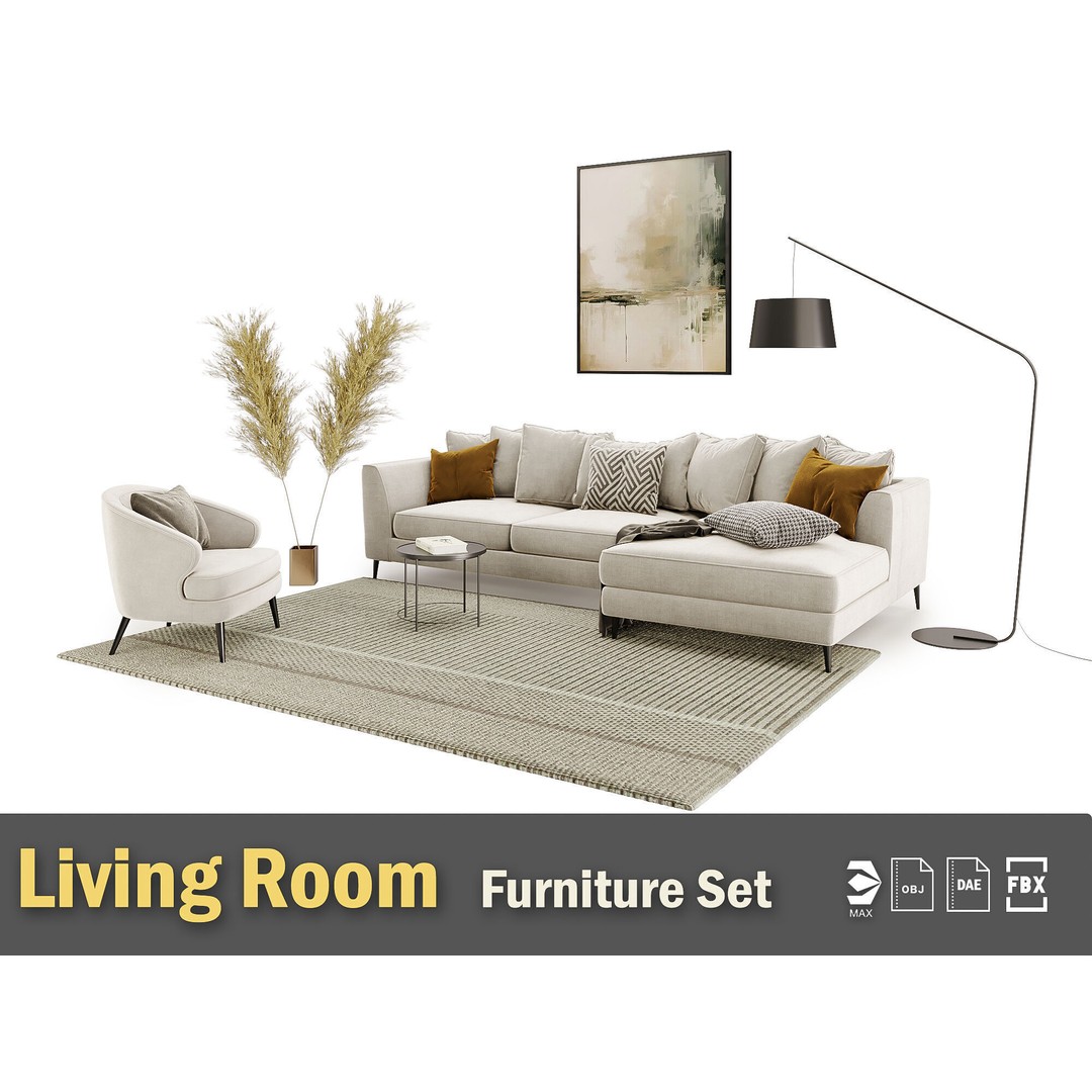 Living Room Furniture Set 3D Model – Modern Design, PBR Textures - View 2