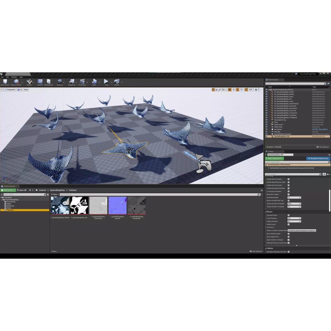 Spotted Eagle Ray 3D Model – Low Poly Rigged Fish with Animations