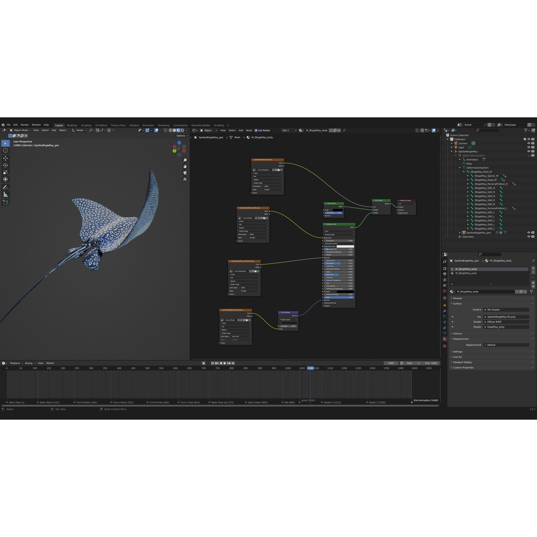 Spotted Eagle Ray 3D Model – Low Poly Rigged Fish with Animations - View 13