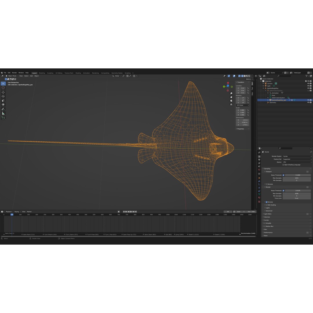 Spotted Eagle Ray 3D Model – Low Poly Rigged Fish with Animations - View 14