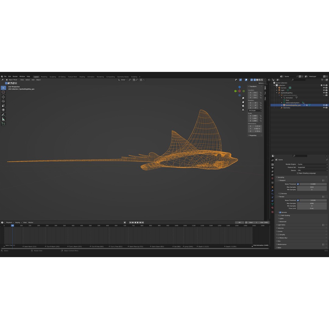 Spotted Eagle Ray 3D Model – Low Poly Rigged Fish with Animations - View 15