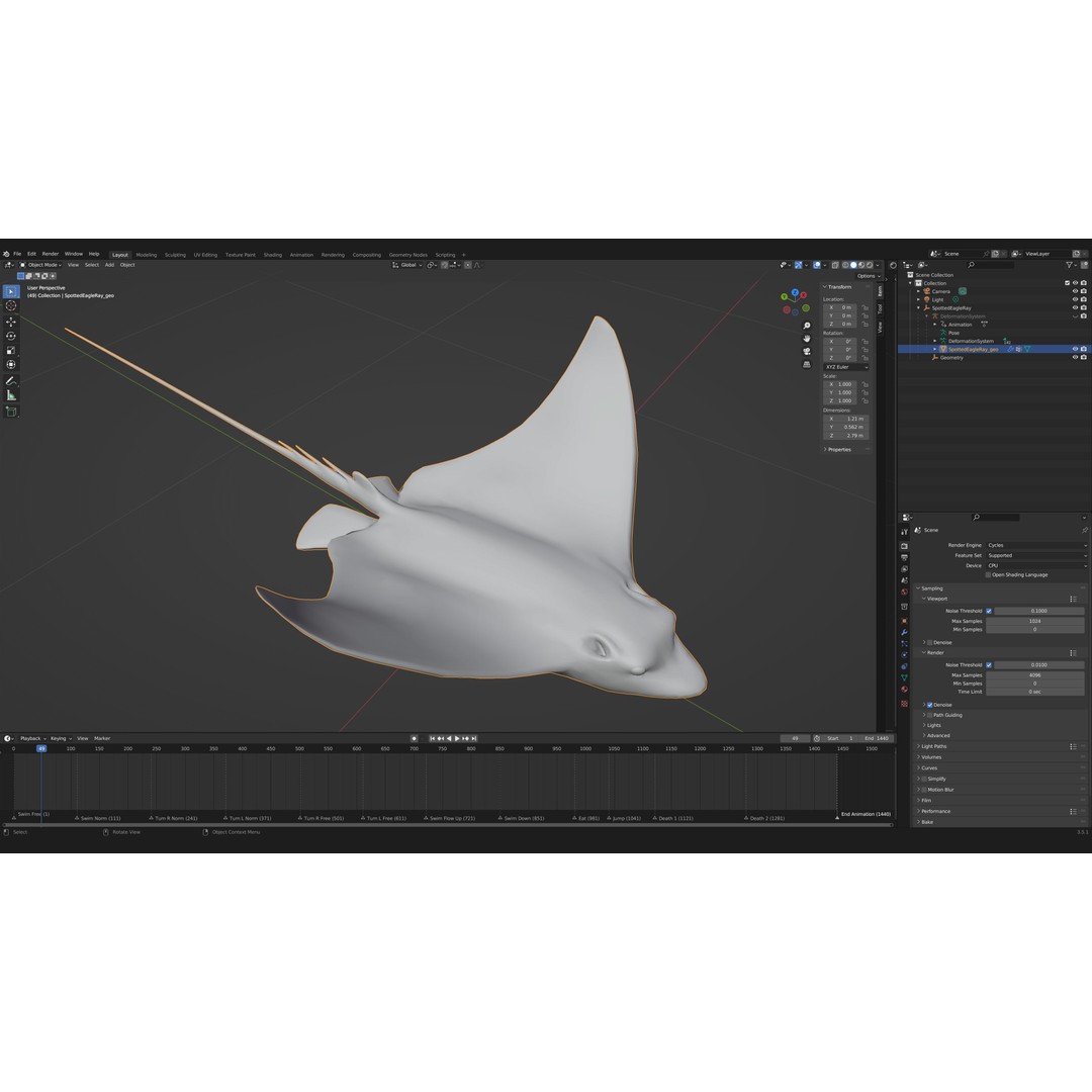 Spotted Eagle Ray 3D Model – Low Poly Rigged Fish with Animations - View 16