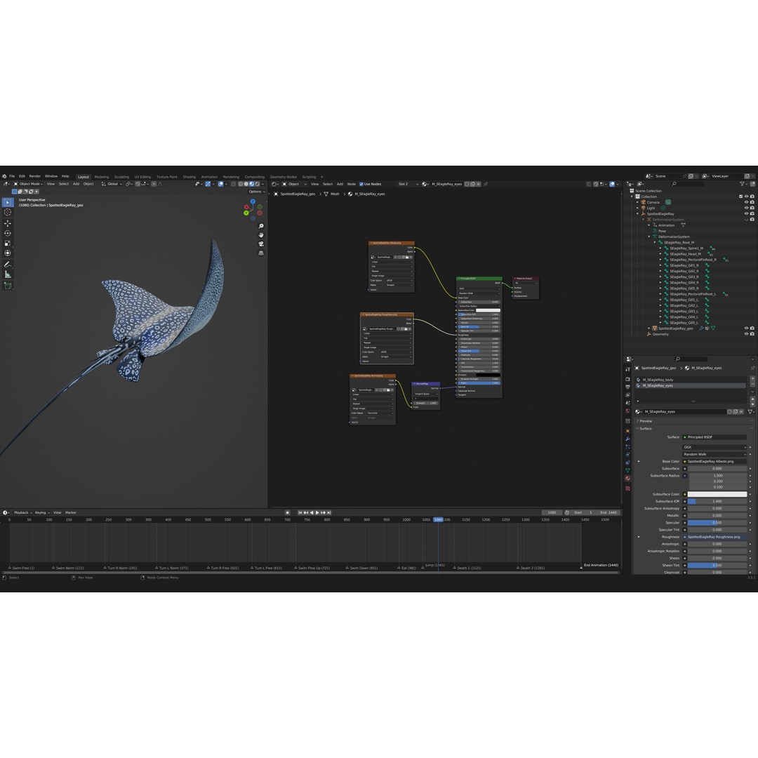 Spotted Eagle Ray 3D Model – Low Poly Rigged Fish with Animations - View 18