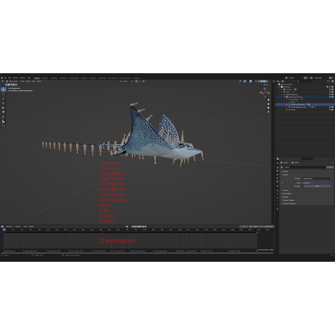 Spotted Eagle Ray 3D Model – Low Poly Rigged Fish with Animations - View 19