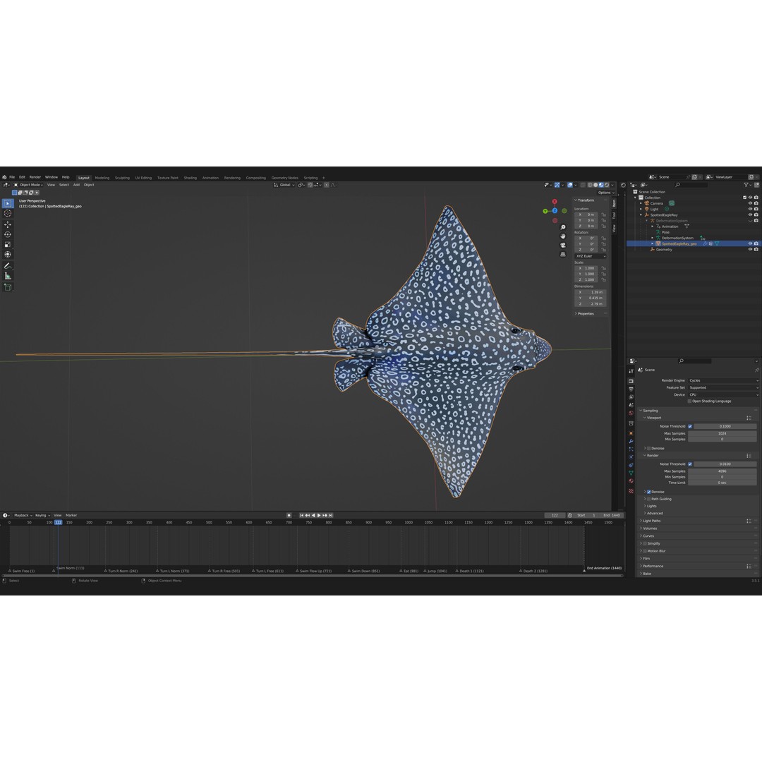 Spotted Eagle Ray 3D Model – Low Poly Rigged Fish with Animations - View 20