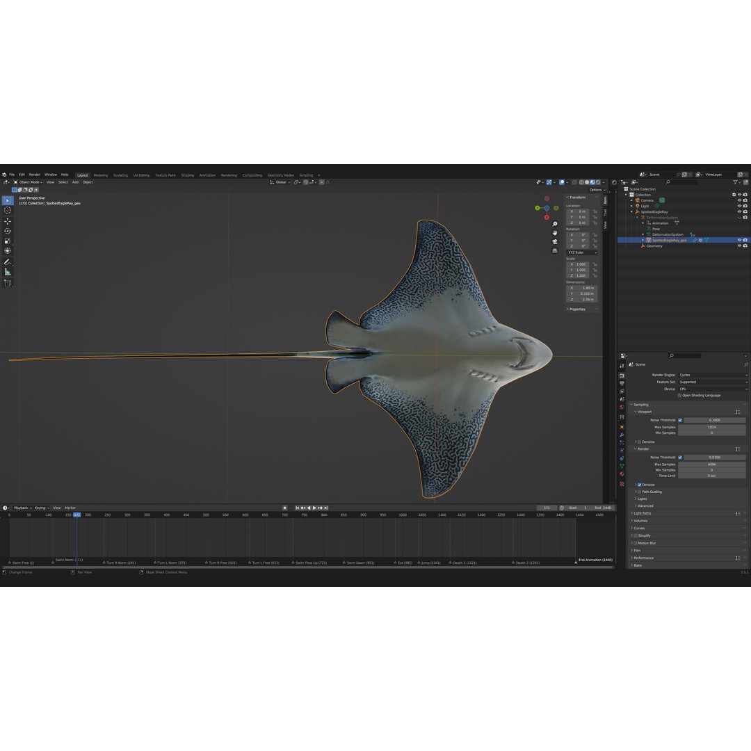 Spotted Eagle Ray 3D Model – Low Poly Rigged Fish with Animations - View 21