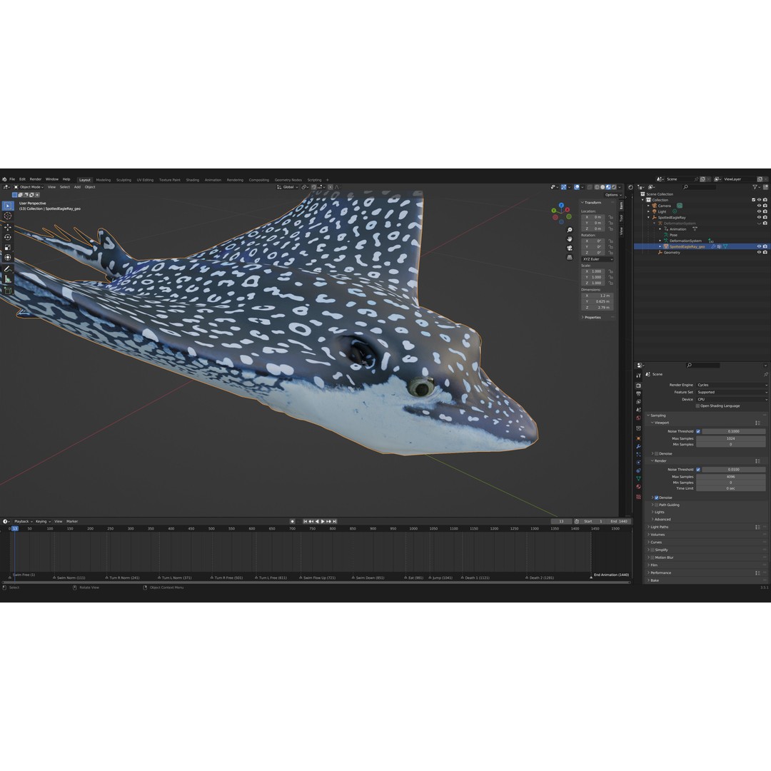 Spotted Eagle Ray 3D Model – Low Poly Rigged Fish with Animations - View 22