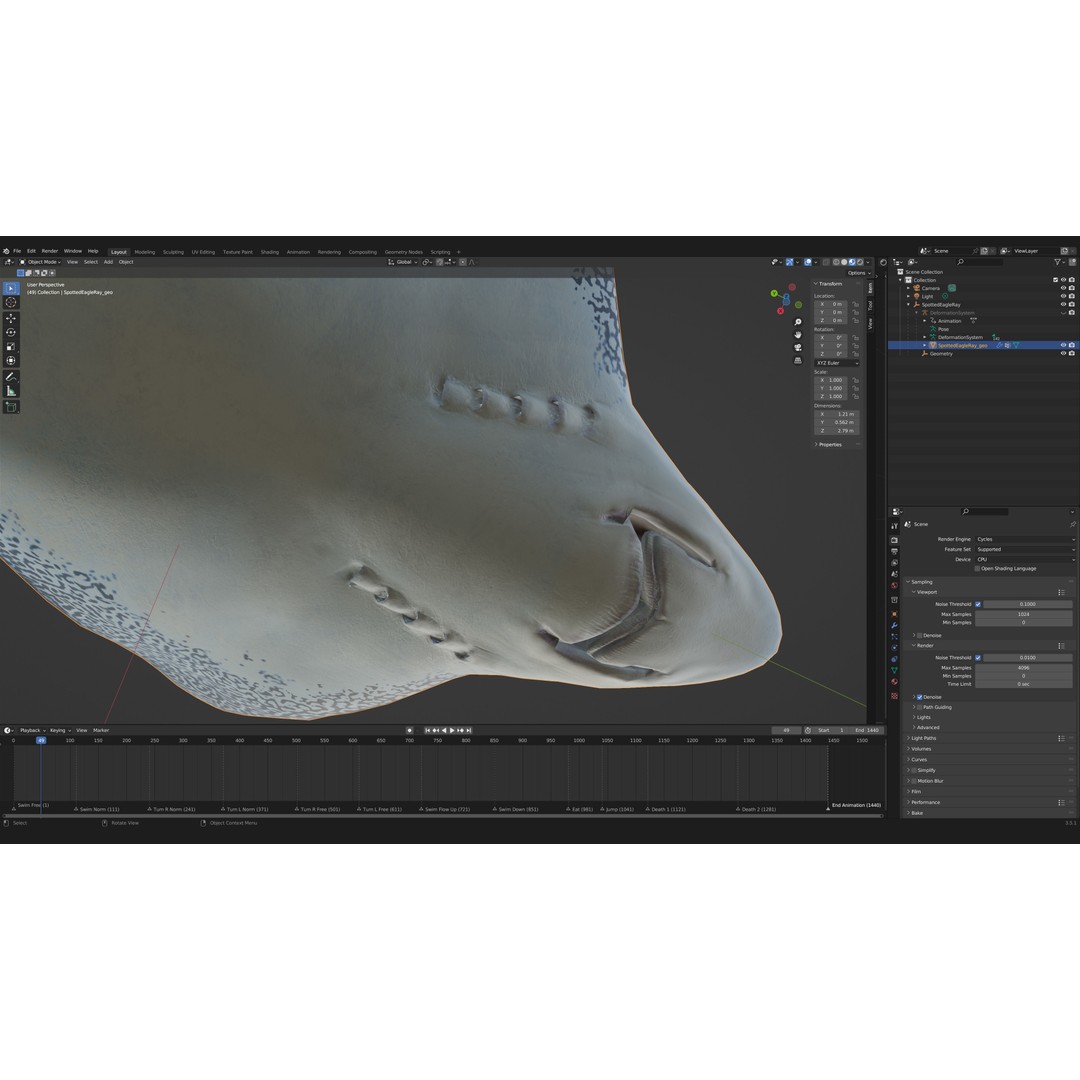 Spotted Eagle Ray 3D Model – Low Poly Rigged Fish with Animations - View 23