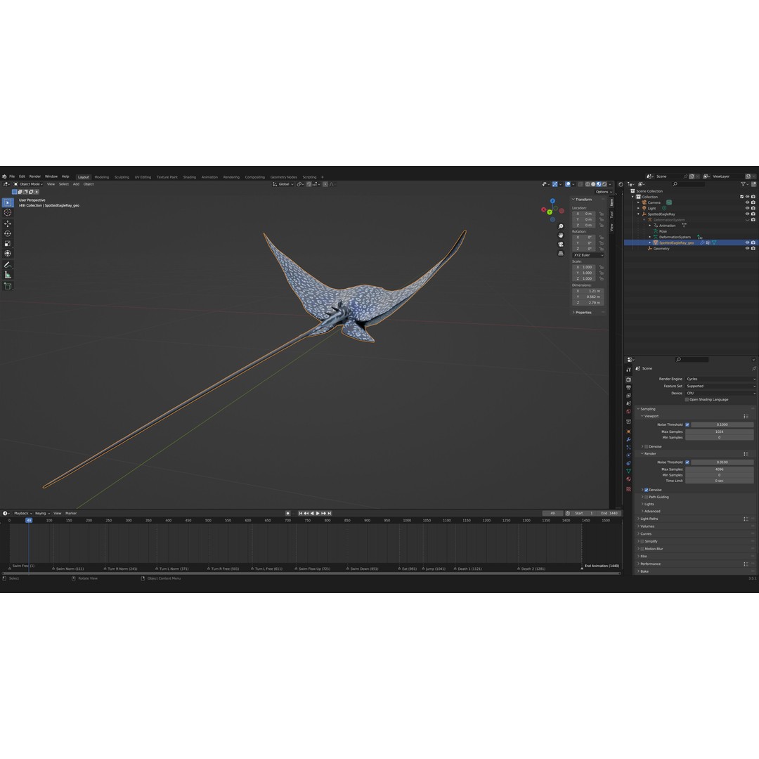 Spotted Eagle Ray 3D Model – Low Poly Rigged Fish with Animations - View 24