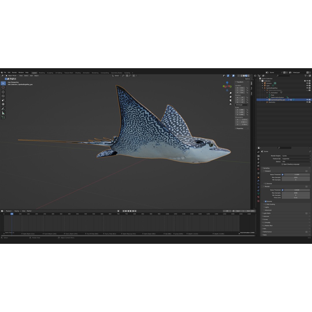 Spotted Eagle Ray 3D Model – Low Poly Rigged Fish with Animations - View 25