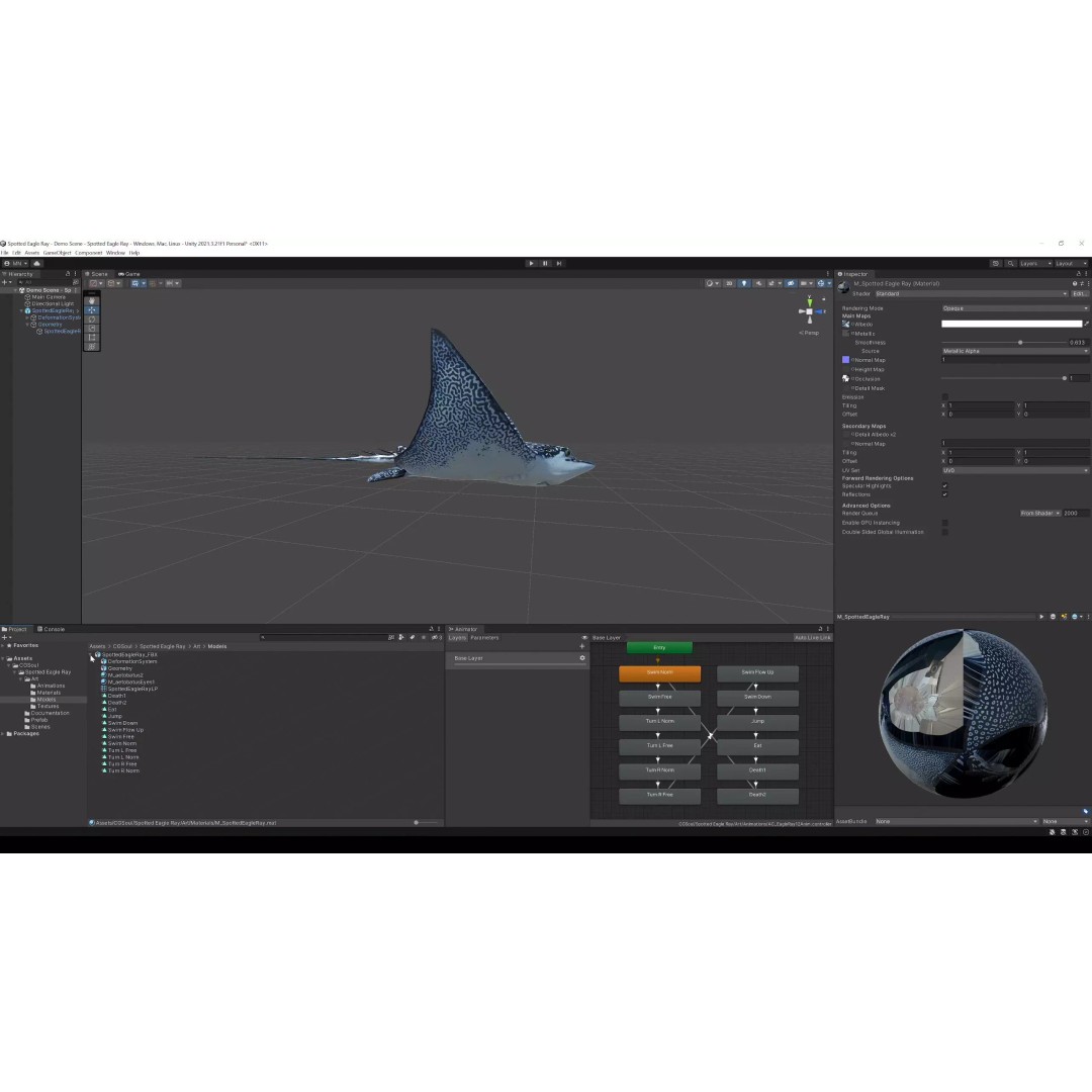Spotted Eagle Ray 3D Model – Low Poly Rigged Fish with Animations - View 35