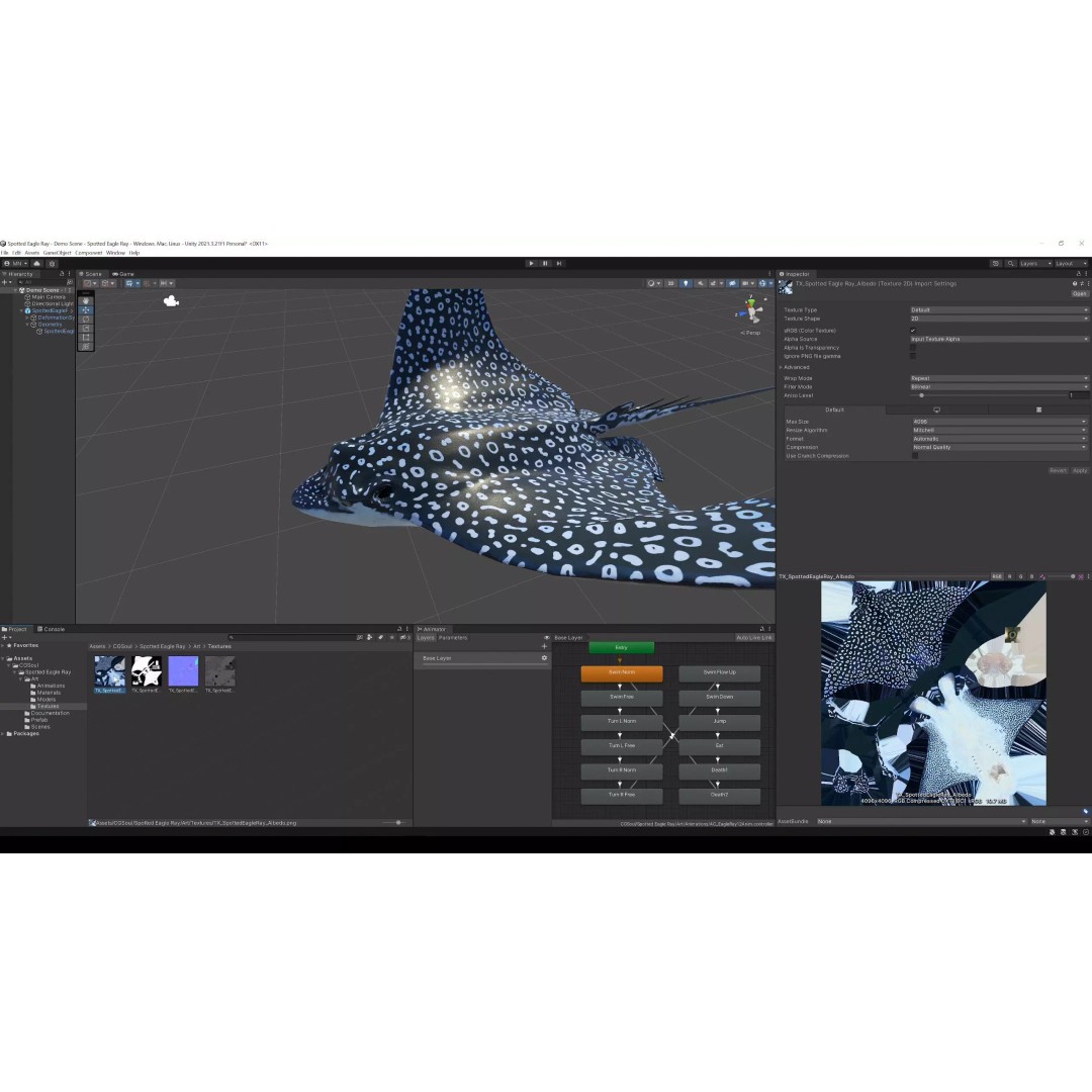 Spotted Eagle Ray 3D Model – Low Poly Rigged Fish with Animations - View 38