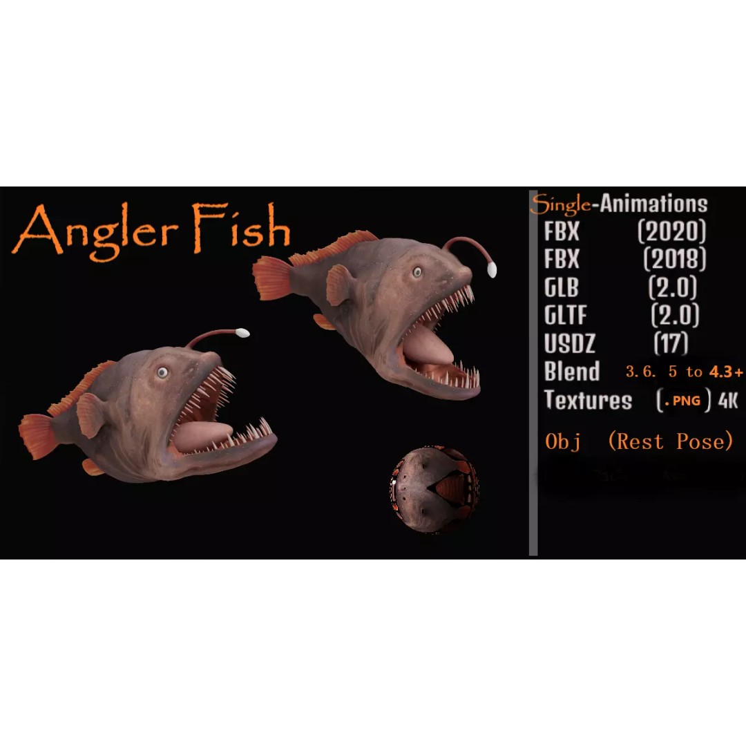 Angler Fish 3D Model – Low Poly Game Asset, FBX, PBR Textures - View 2