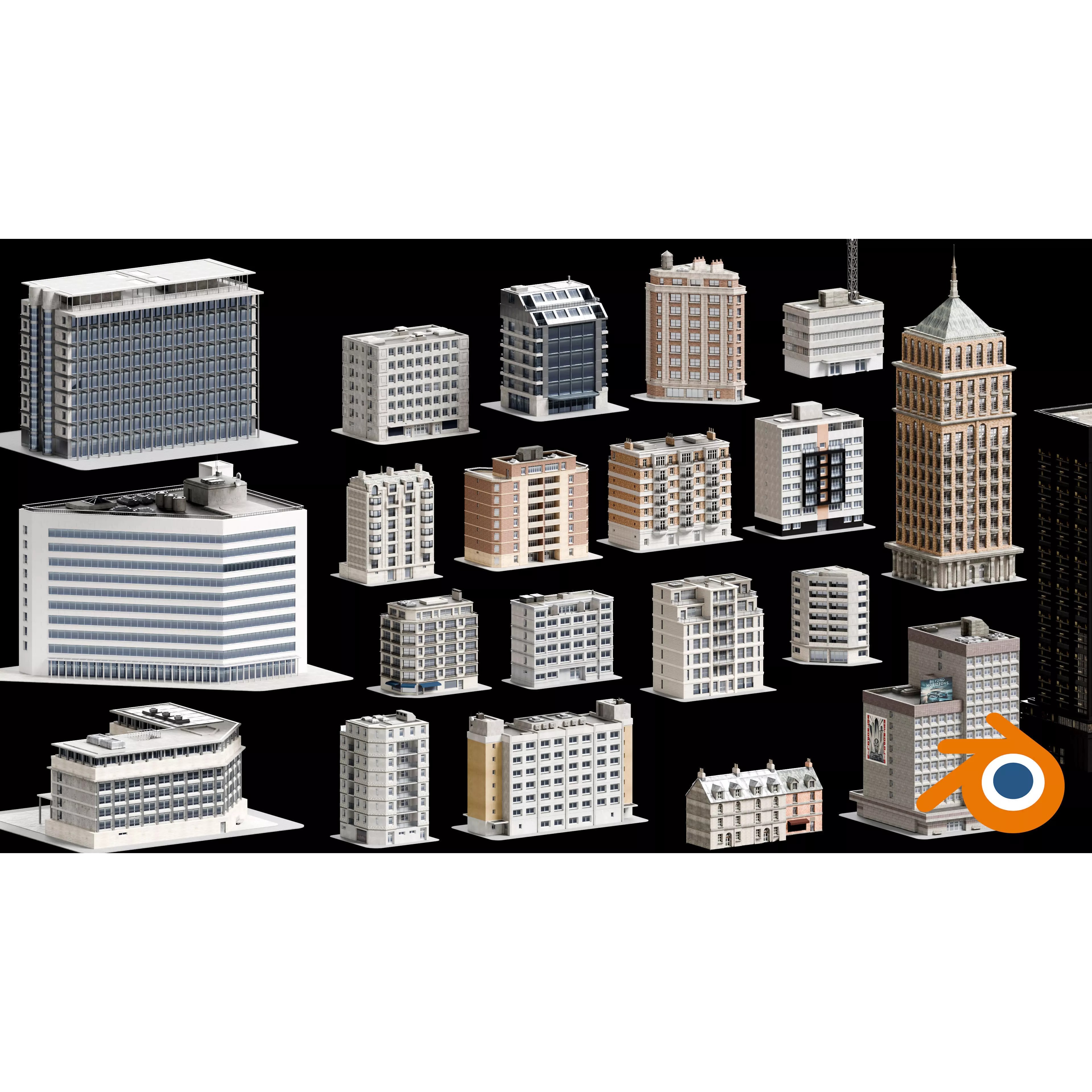 City Buildings Kitbash - Medium Poly Game-Ready 3D Model - View 2