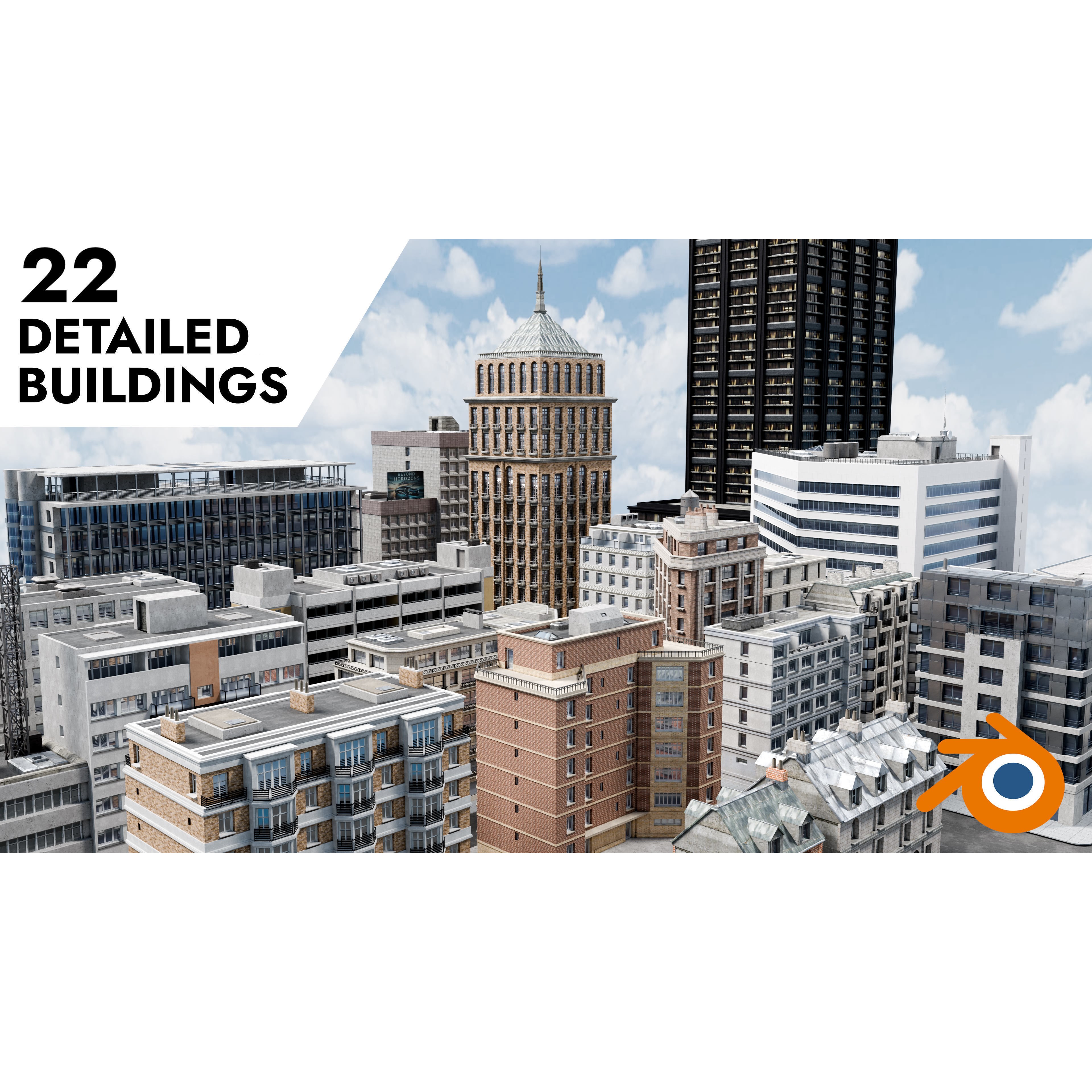 City Buildings Kitbash - Medium Poly Game-Ready 3D Model - View 3