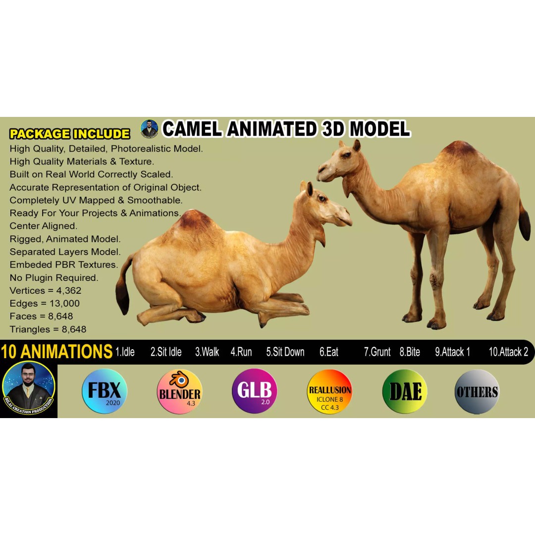 Camel 3D Model – Rigged Low-Poly Character with Animations, FBX - View 2