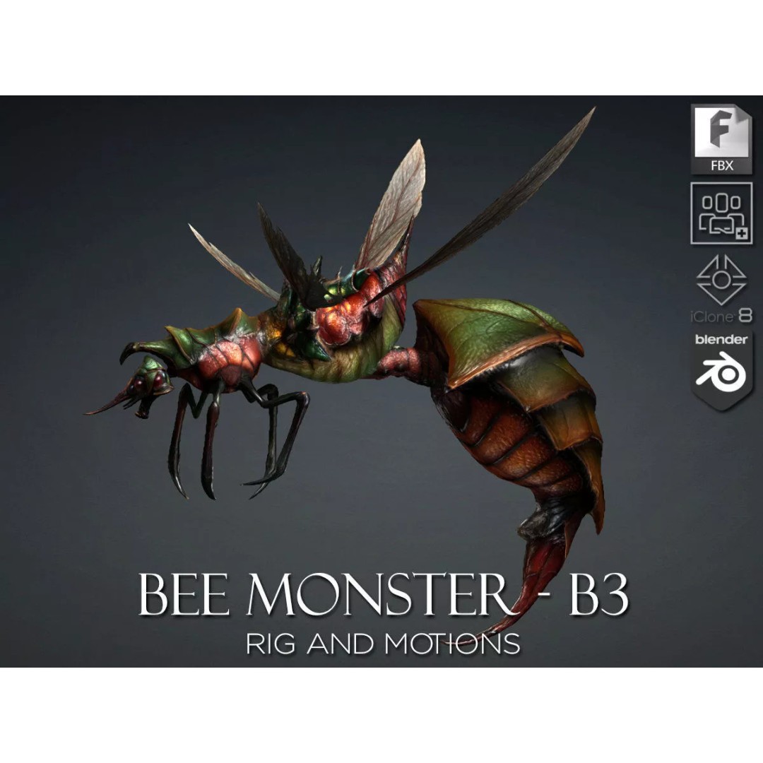 Bee Monster 3D Model – Low Poly Animated Insect with PBR Textures - View 2