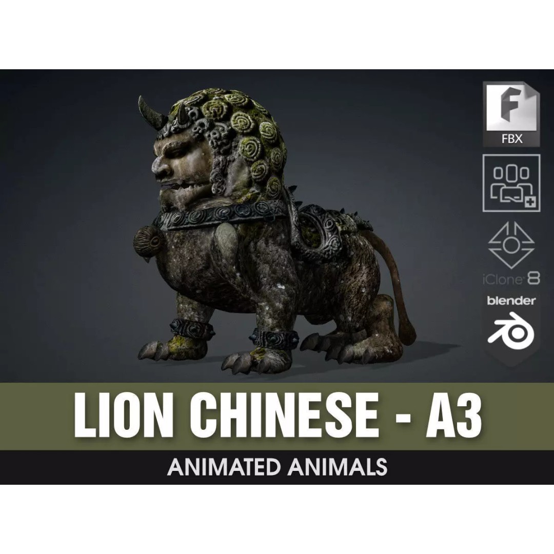 Lion Chinese 3D Model – Rigged Animated Asset with PBR Textures - View 2