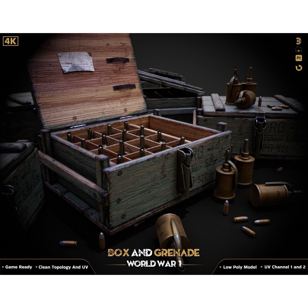 Military Box and Grenade 3D Model – Low Poly Game Ready Asset, FBX - View 14