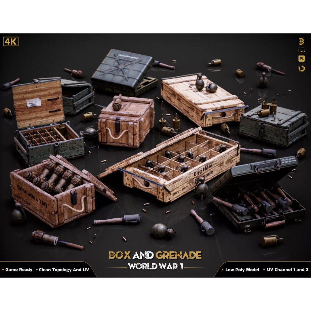 Military Box and Grenade 3D Model – Low Poly Game Ready Asset, FBX - View 2
