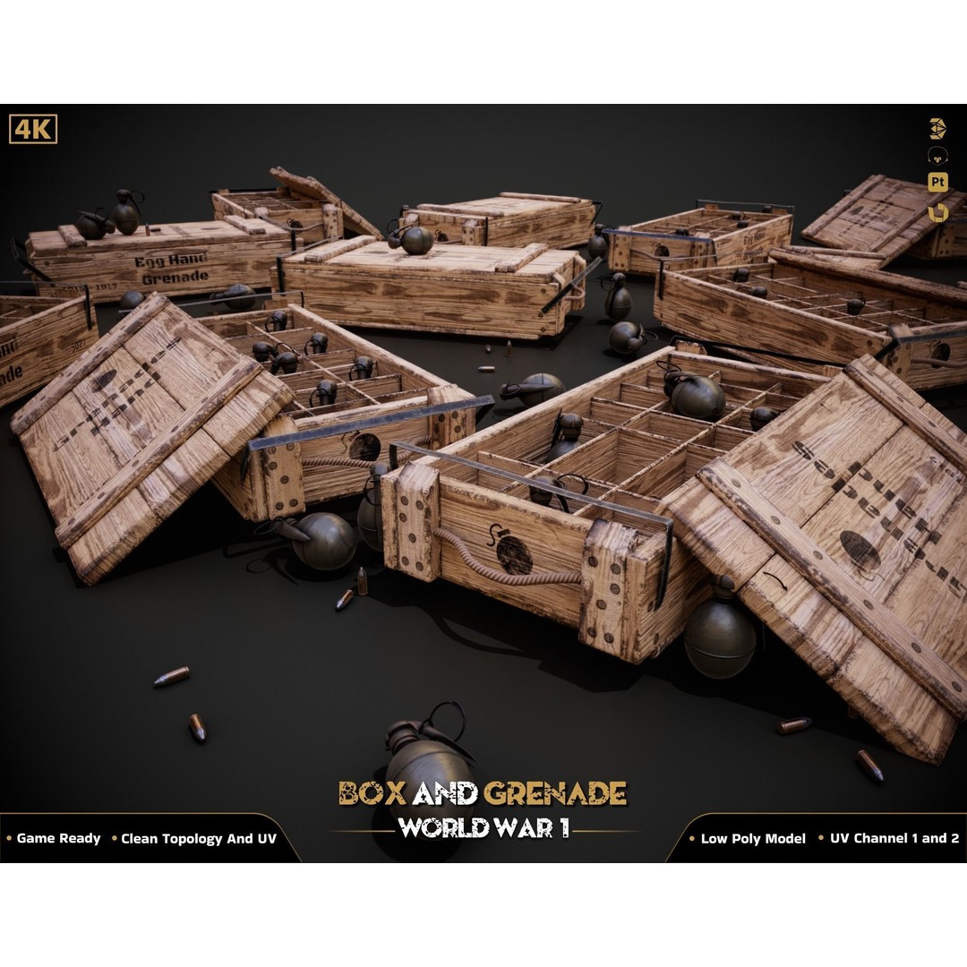 Military Box and Grenade 3D Model – Low Poly Game Ready Asset, FBX - View 3