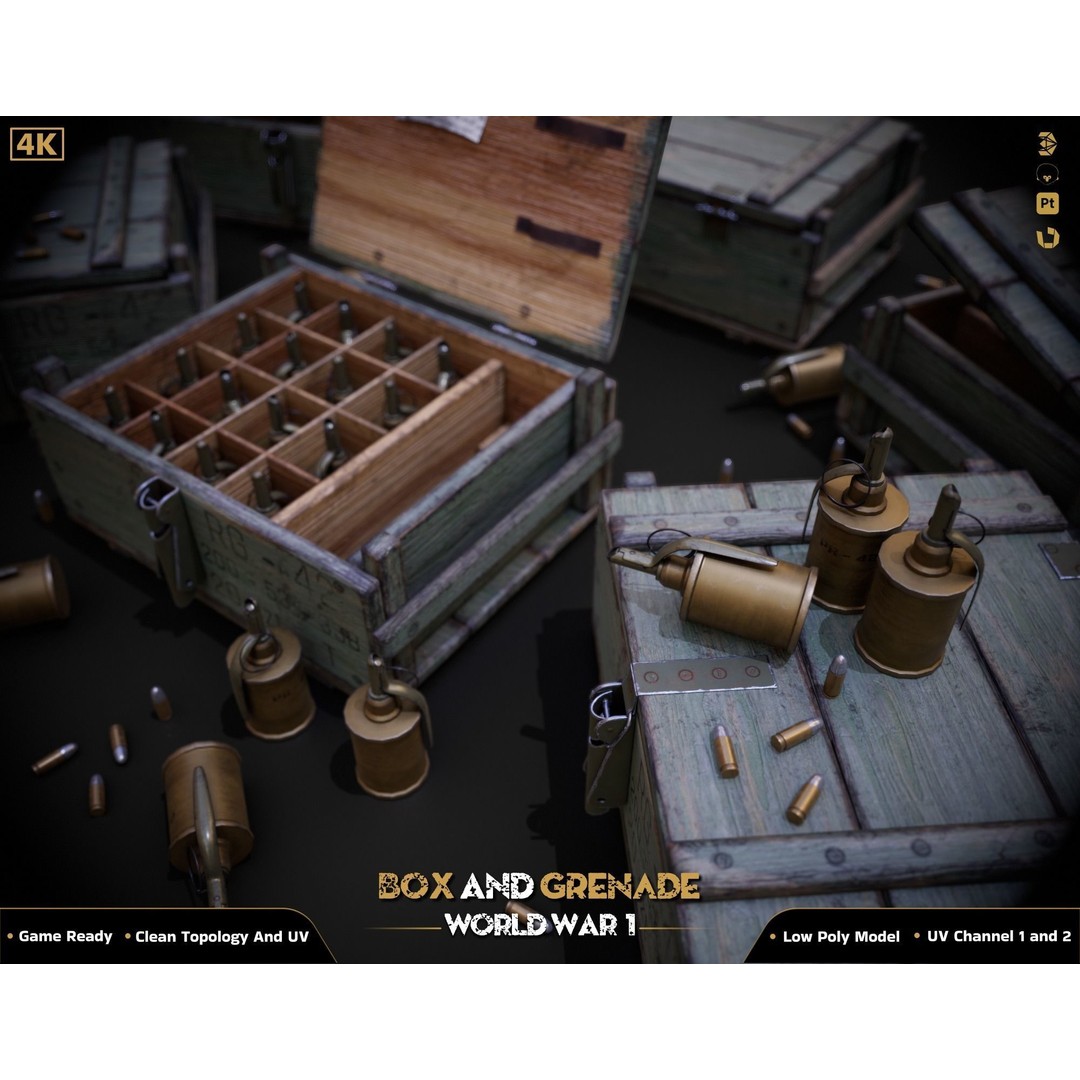 Military Box and Grenade 3D Model – Low Poly Game Ready Asset, FBX - View 4