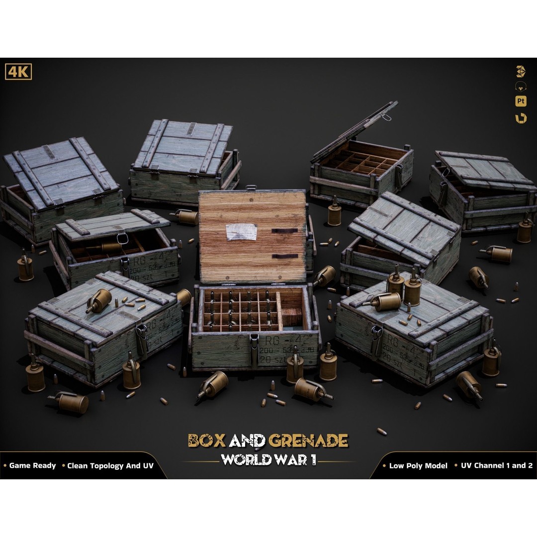 Military Box and Grenade 3D Model – Low Poly Game Ready Asset, FBX - View 7