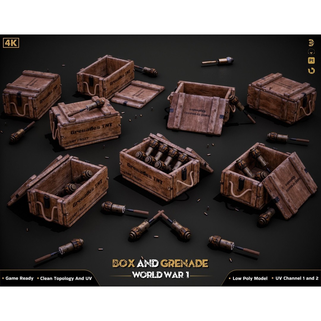 Military Box and Grenade 3D Model – Low Poly Game Ready Asset, FBX - View 8