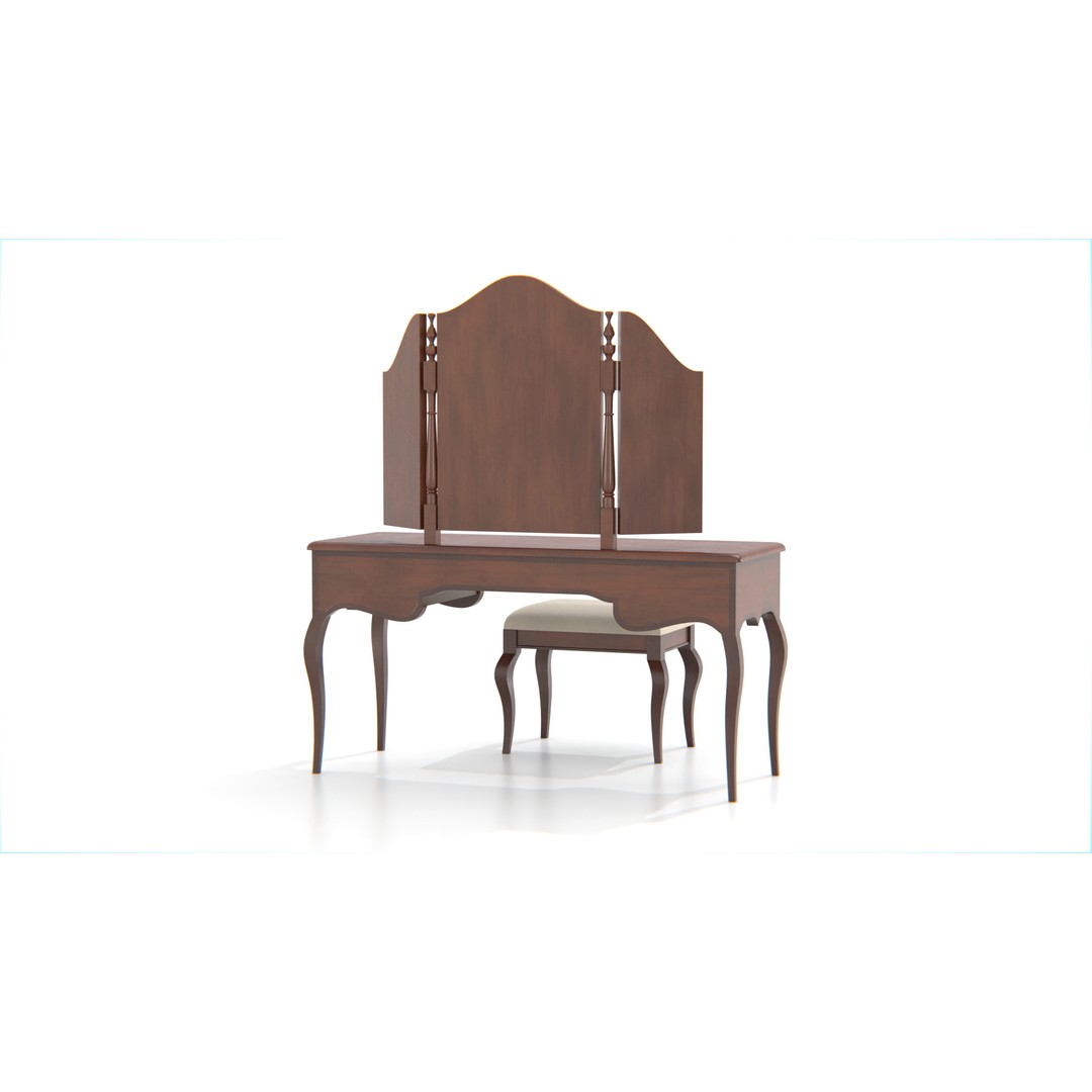 Antique Wooden Vanity Table 3D Model – Low Poly Furniture Set, FBX, PBR