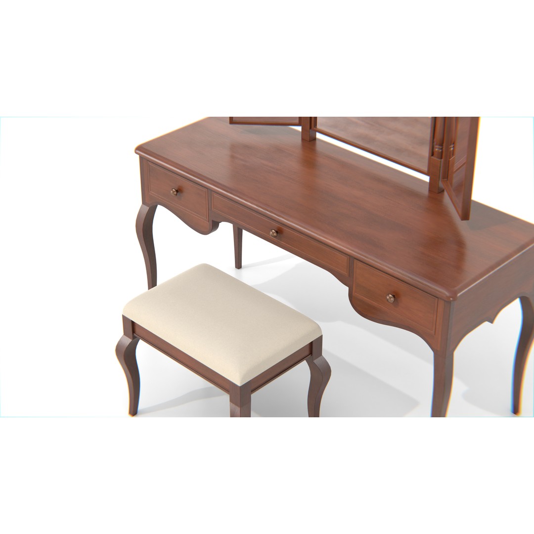 Antique Wooden Vanity Table 3D Model – Low Poly Furniture Set, FBX, PBR - View 11
