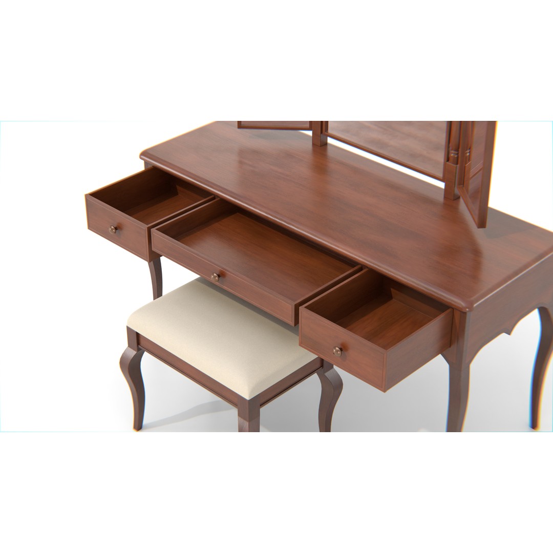 Antique Wooden Vanity Table 3D Model – Low Poly Furniture Set, FBX, PBR - View 12